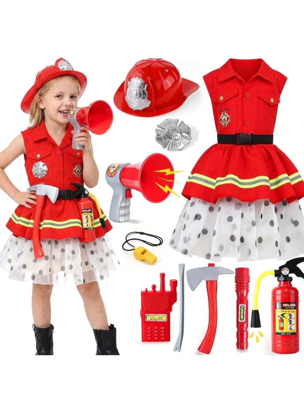 NIB Girl's Firefighter 10 Piece Halloween Costume - 9-10Y